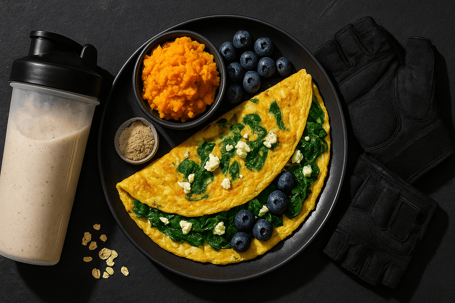 Receitas de café da manhã pré-treino para ganho de massa: omelete de espinafre, batata-doce e aveia com proteína em pó.