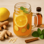 Bebida energética natural sem estimulantes, feita com água de coco, gengibre, limão e cúrcuma, uma opção saudável para mais vitalidade.