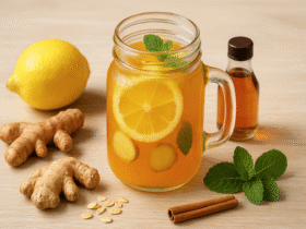 Bebida energética natural sem estimulantes, feita com água de coco, gengibre, limão e cúrcuma, uma opção saudável para mais vitalidade.