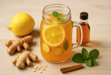 Bebida energética natural sem estimulantes, feita com água de coco, gengibre, limão e cúrcuma, uma opção saudável para mais vitalidade.