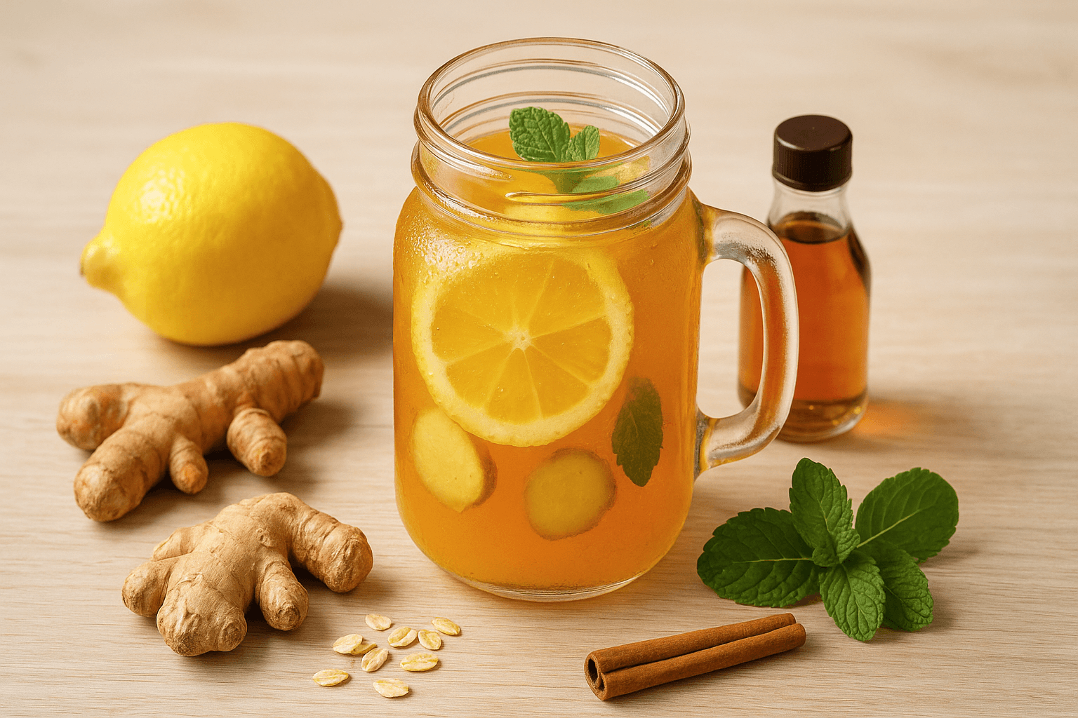 Bebida energética natural sem estimulantes, feita com água de coco, gengibre, limão e cúrcuma, uma opção saudável para mais vitalidade.