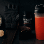 Estratégia completa de pré-treino para treino pesado de pernas, mostrando alimentos ricos em carboidratos e suplementos como citrulina malate.