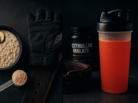 Estratégia completa de pré-treino para treino pesado de pernas, mostrando alimentos ricos em carboidratos e suplementos como citrulina malate.