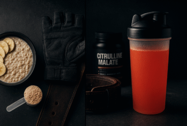 Estratégia completa de pré-treino para treino pesado de pernas, mostrando alimentos ricos em carboidratos e suplementos como citrulina malate.