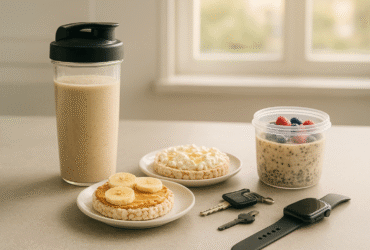 Opções de lanche rápido pré-treino matinal: smoothie de banana, torradas com pasta de amendoim e aveia overnight para treinar com energia.