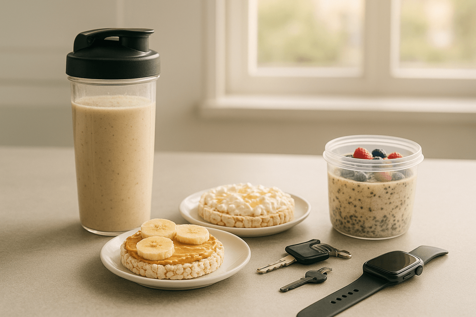 Opções de lanche rápido pré-treino matinal: smoothie de banana, torradas com pasta de amendoim e aveia overnight para treinar com energia.