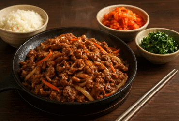 Receita de Bulgogi Coreano, carne bovina fatiada finamente e grelhada com uma marinada doce e salgada de molho de soja, pera e gergelim.