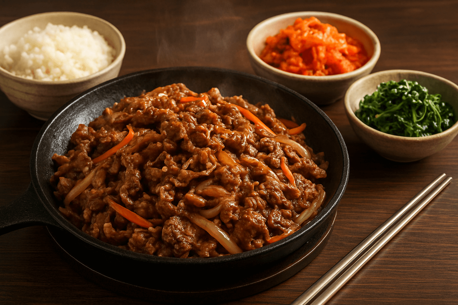 Receita de Bulgogi Coreano, carne bovina fatiada finamente e grelhada com uma marinada doce e salgada de molho de soja, pera e gergelim.