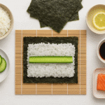 Sushi caseiro para iniciantes, mostrando os ingredientes básicos como arroz, nori, salmão e pepino para fazer rolls e nigiri em casa.