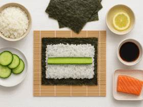 Sushi caseiro para iniciantes, mostrando os ingredientes básicos como arroz, nori, salmão e pepino para fazer rolls e nigiri em casa.