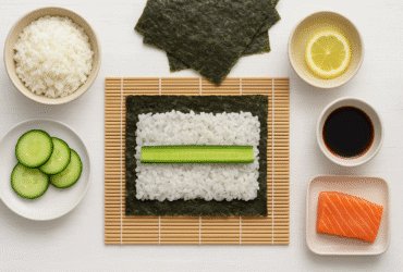 Sushi caseiro para iniciantes, mostrando os ingredientes básicos como arroz, nori, salmão e pepino para fazer rolls e nigiri em casa.