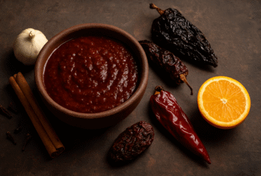 Molho de churrasco mexicano autêntico, um adobo espesso e defumado feito com chiles anchos, chipotles e especiarias, perfeito para marinar e grelhar carnes.