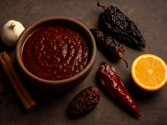 Molho de churrasco mexicano autêntico, um adobo espesso e defumado feito com chiles anchos, chipotles e especiarias, perfeito para marinar e grelhar carnes.