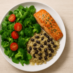 Exemplo visual de como montar um prato equilibrado para emagrecer seguindo a regra 50-25-25