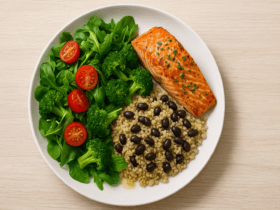 Exemplo visual de como montar um prato equilibrado para emagrecer seguindo a regra 50-25-25