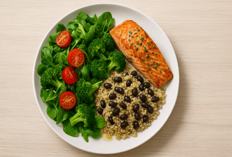 Exemplo visual de como montar um prato equilibrado para emagrecer seguindo a regra 50-25-25