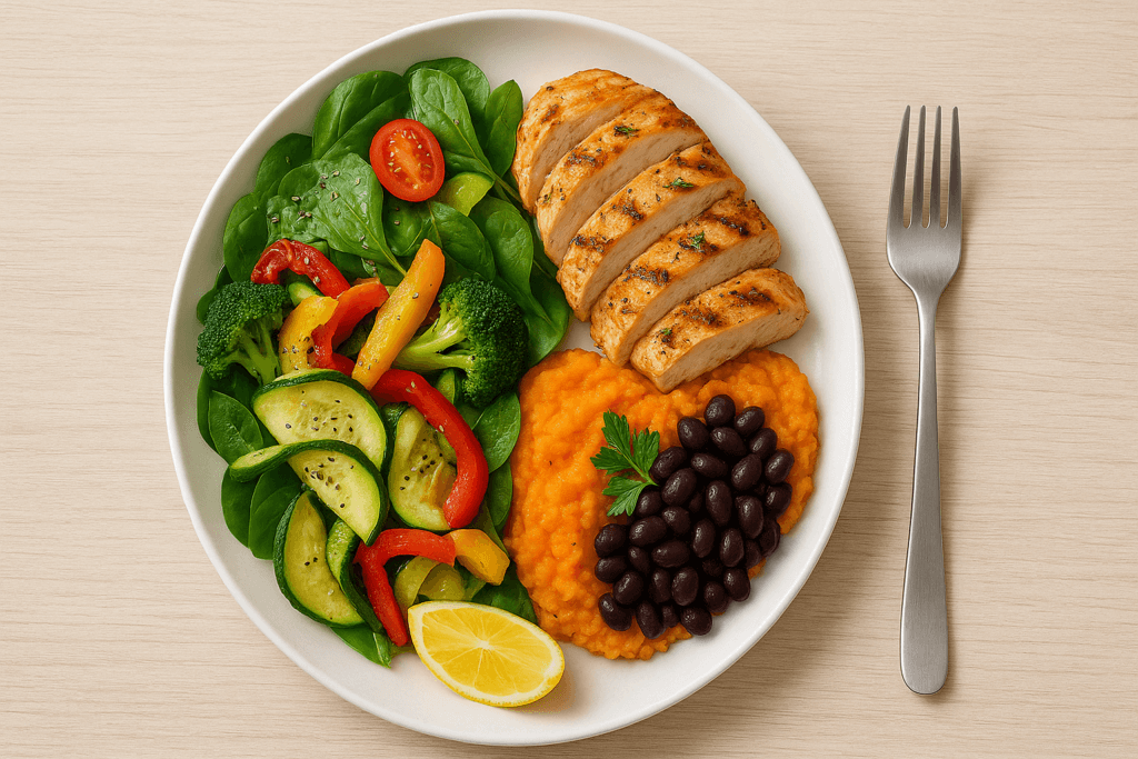 como montar um prato equilibrado para emagrecer - exemplo prático com frango grelhado e batata-doce
