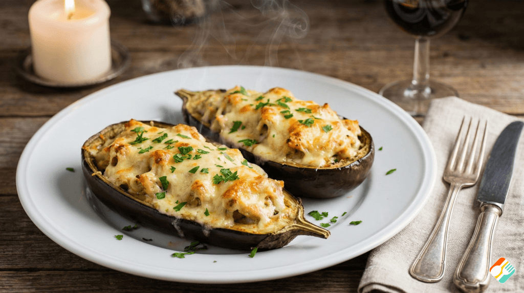 Duas metades de berinjela recheada com frango cremoso e gratinada com queijo parmesão em prato branco.