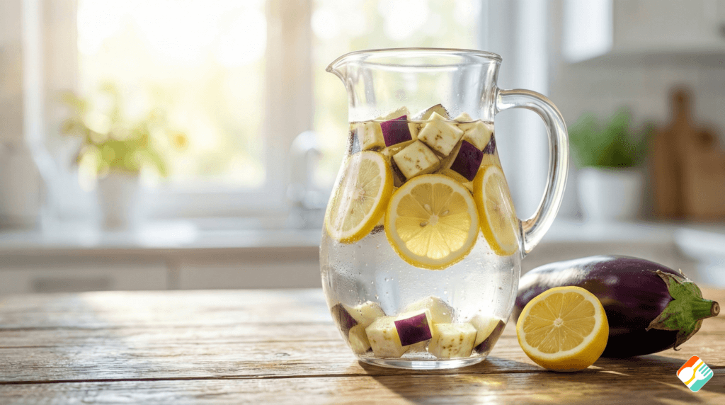 Jarra de vidro com água de berinjela e limão sobre mesa de madeira, ilustrando uma bebida detox para emagrecer.