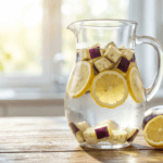 Jarra de vidro com água de berinjela e limão sobre mesa de madeira, ilustrando uma bebida detox para emagrecer.