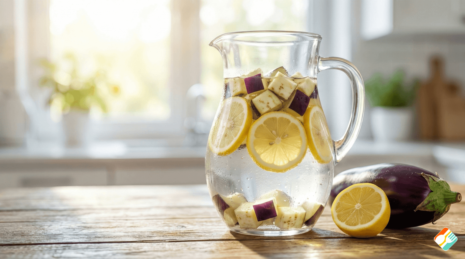 Jarra de vidro com água de berinjela e limão sobre mesa de madeira, ilustrando uma bebida detox para emagrecer.