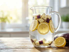 Jarra de vidro com água de berinjela e limão sobre mesa de madeira, ilustrando uma bebida detox para emagrecer.