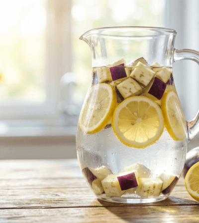 Jarra de vidro com água de berinjela e limão sobre mesa de madeira, ilustrando uma bebida detox para emagrecer.