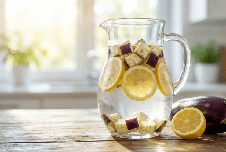Jarra de vidro com água de berinjela e limão sobre mesa de madeira, ilustrando uma bebida detox para emagrecer.