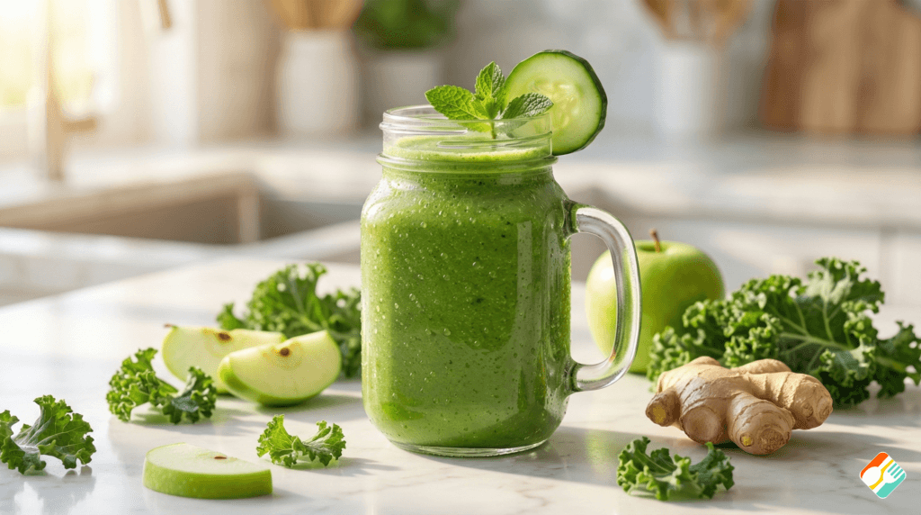 Copo com shake detox para queimar gordura verde feito de couve e maçã sobre bancada de cozinha.