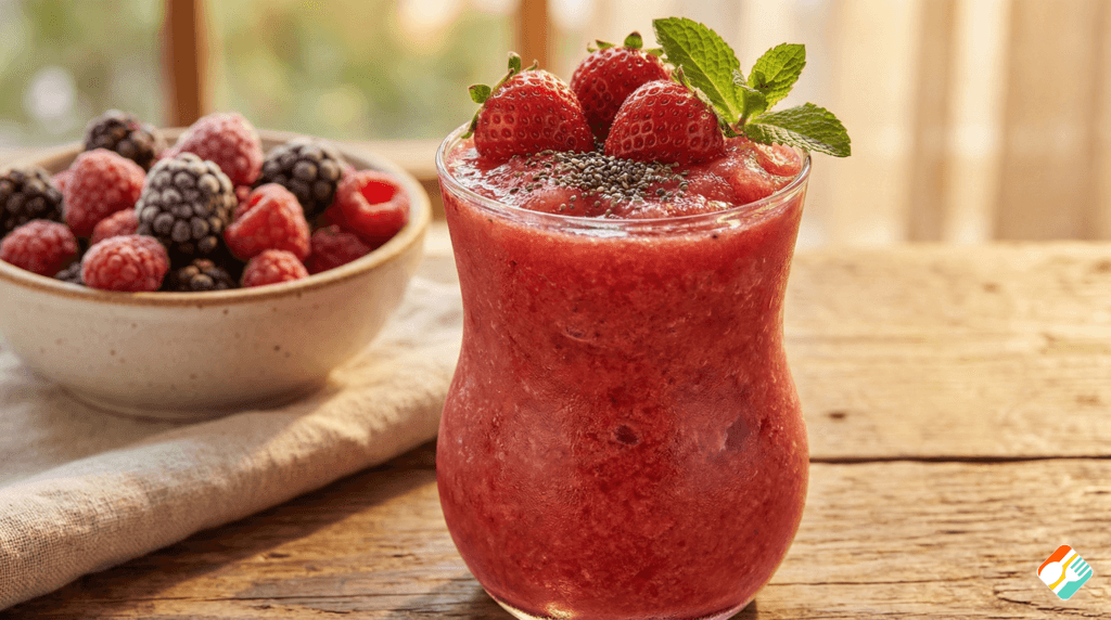 Shake detox vermelho com frutas vermelhas e chia em copo de vidro sobre mesa de madeira.