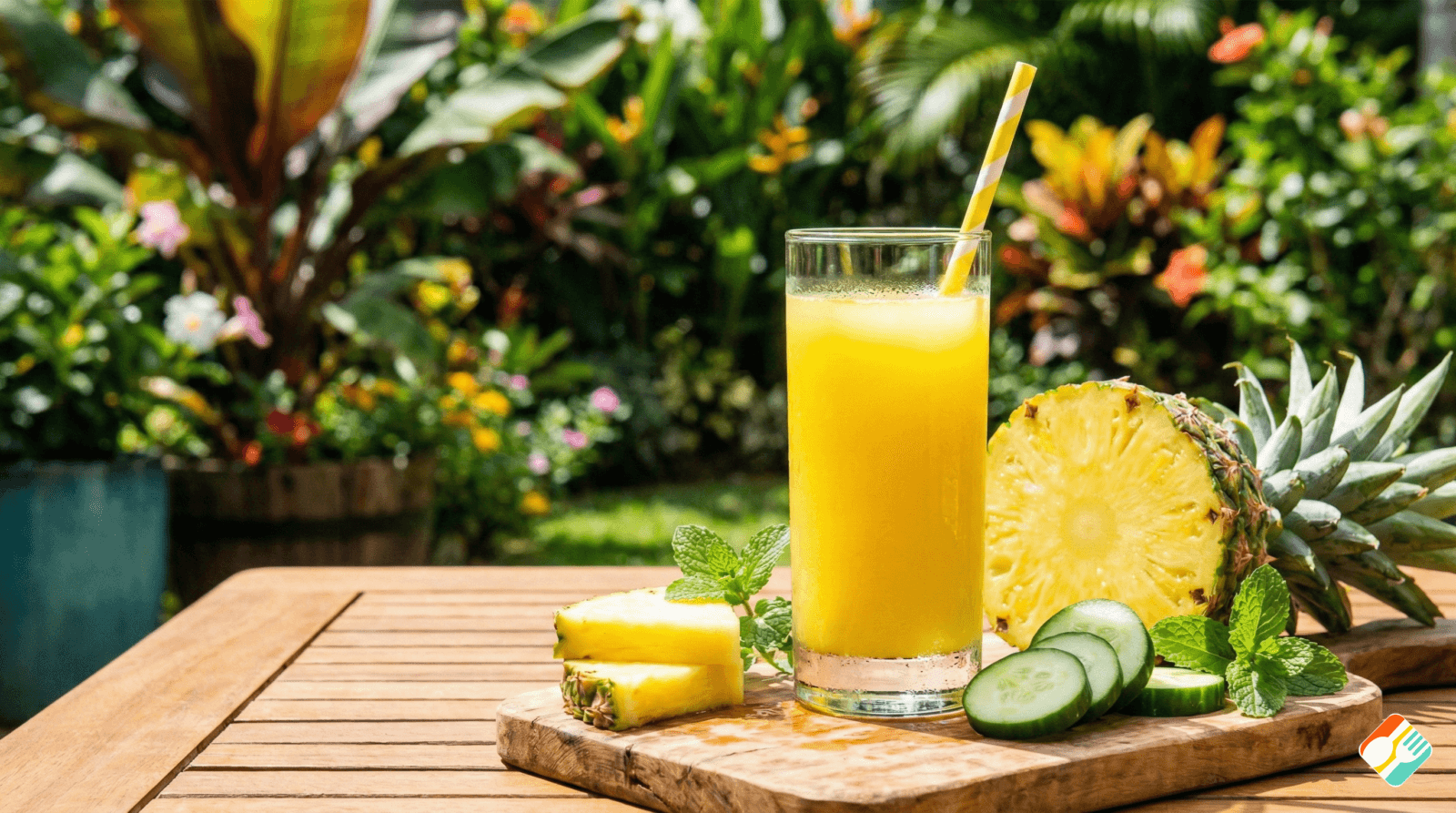 Shake detox de abacaxi com pepino em copo transparente em ambiente externo ensolarado.