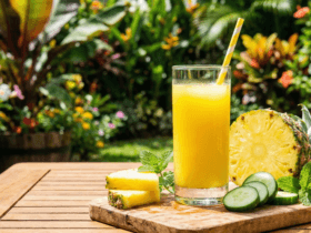 Shake detox de abacaxi com pepino em copo transparente em ambiente externo ensolarado.