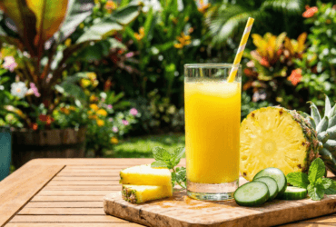 Shake detox de abacaxi com pepino em copo transparente em ambiente externo ensolarado.