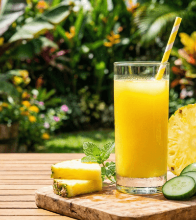 Shake detox de abacaxi com pepino em copo transparente em ambiente externo ensolarado.