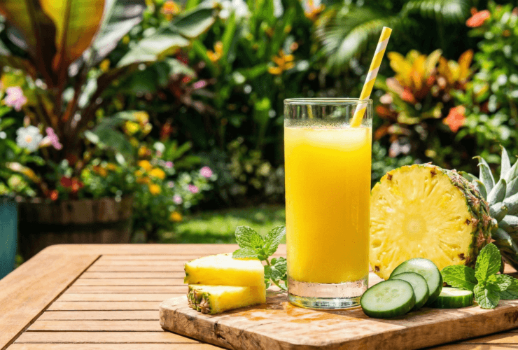 Shake detox de abacaxi com pepino em copo transparente em ambiente externo ensolarado.