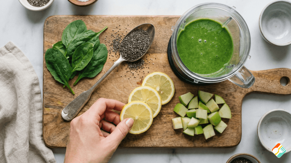 Vista superior de ingredientes saudáveis para preparar shake detox para queimar gordura em tábua de madeira.