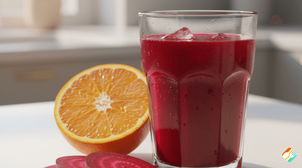 Copo de vidro com suco de beterraba, uma opção de pré-treino caseiro natural para energia e vascularização.