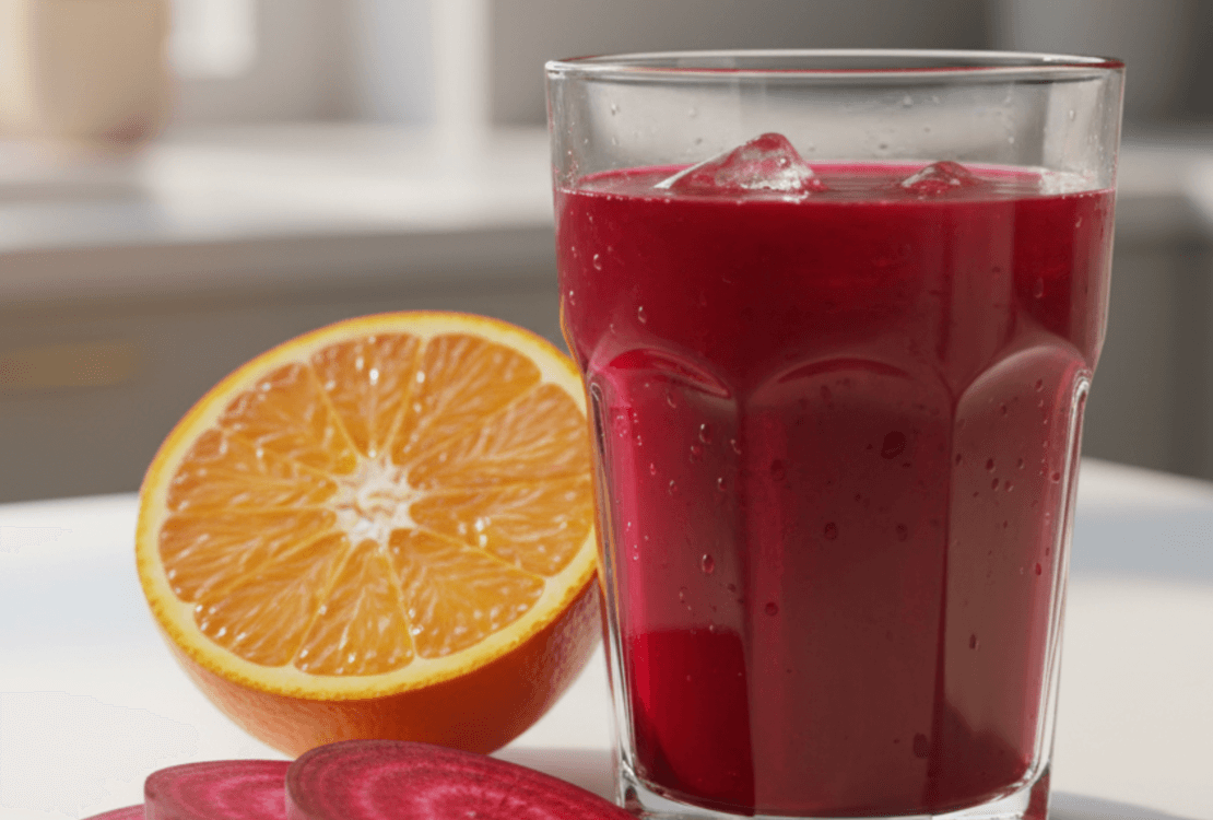Copo de vidro com suco de beterraba, uma opção de pré-treino caseiro natural para energia e vascularização.