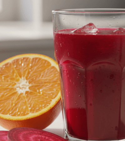 Copo de vidro com suco de beterraba, uma opção de pré-treino caseiro natural para energia e vascularização.