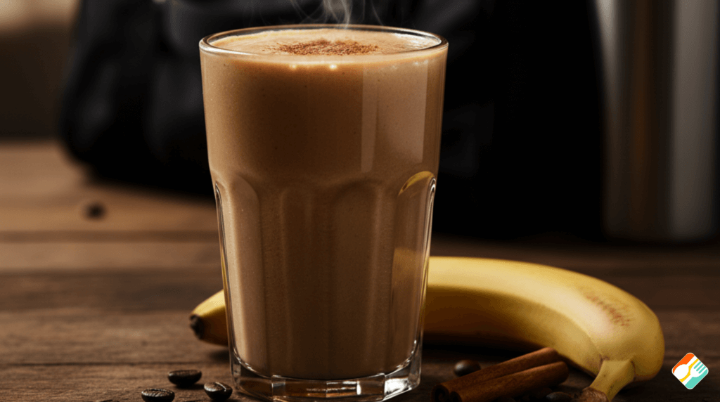 Copo com pré-treino caseiro natural para energia feito de café e banana sobre mesa de madeira.