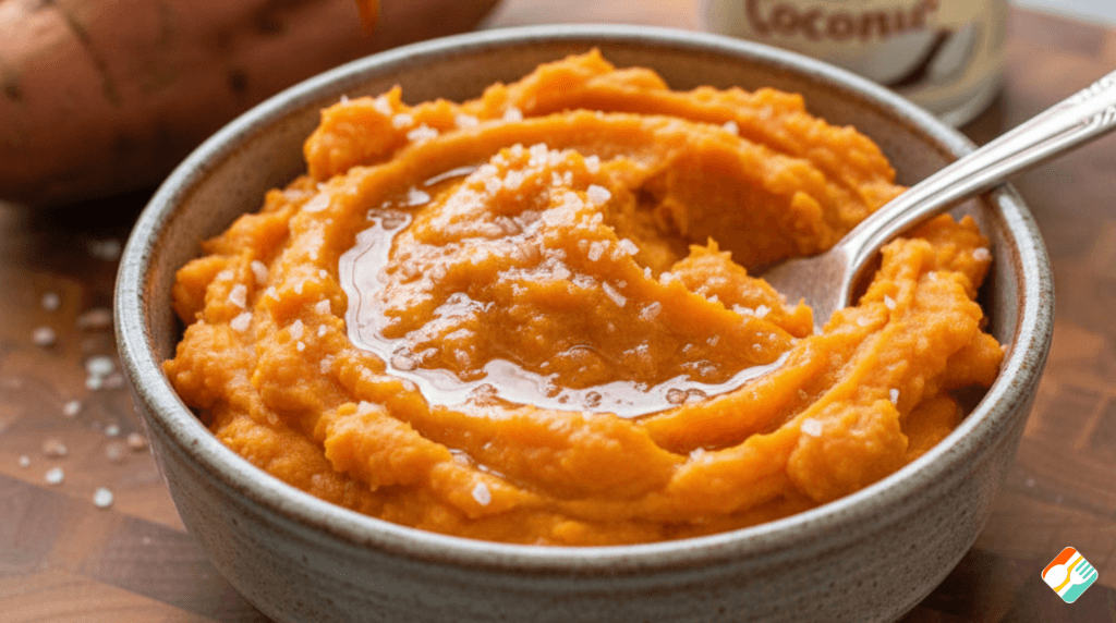 Tigela com batata doce amassada e óleo de coco, um pré-treino caseiro natural para energia e performance.