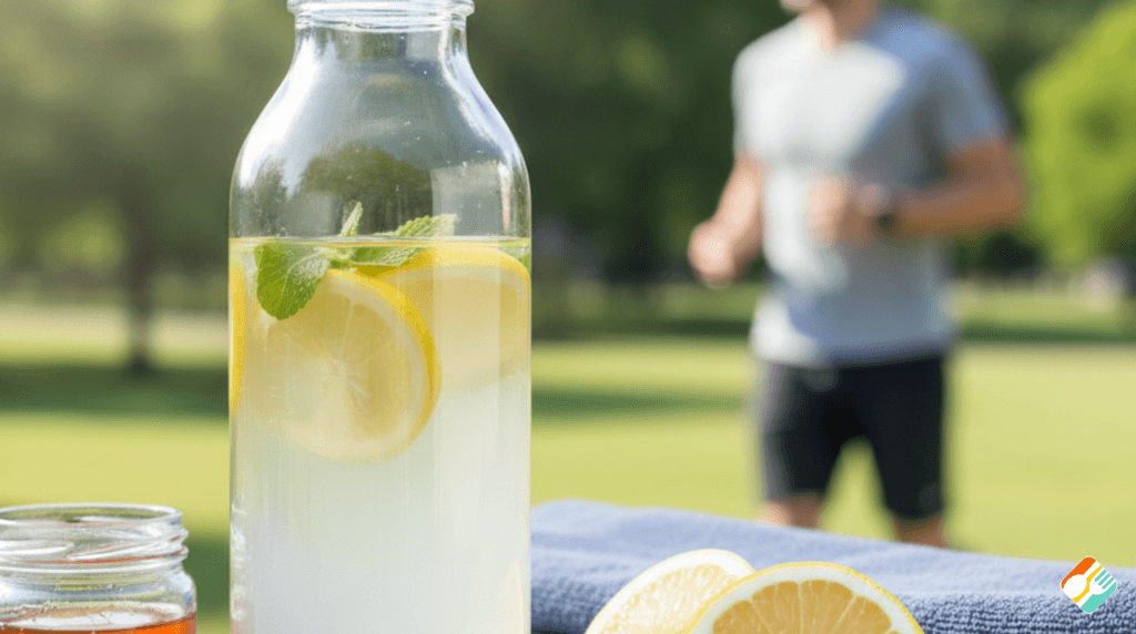 Garrafa transparente com isotônico natural de mel e limão, um pré-treino caseiro natural para energia e hidratação.