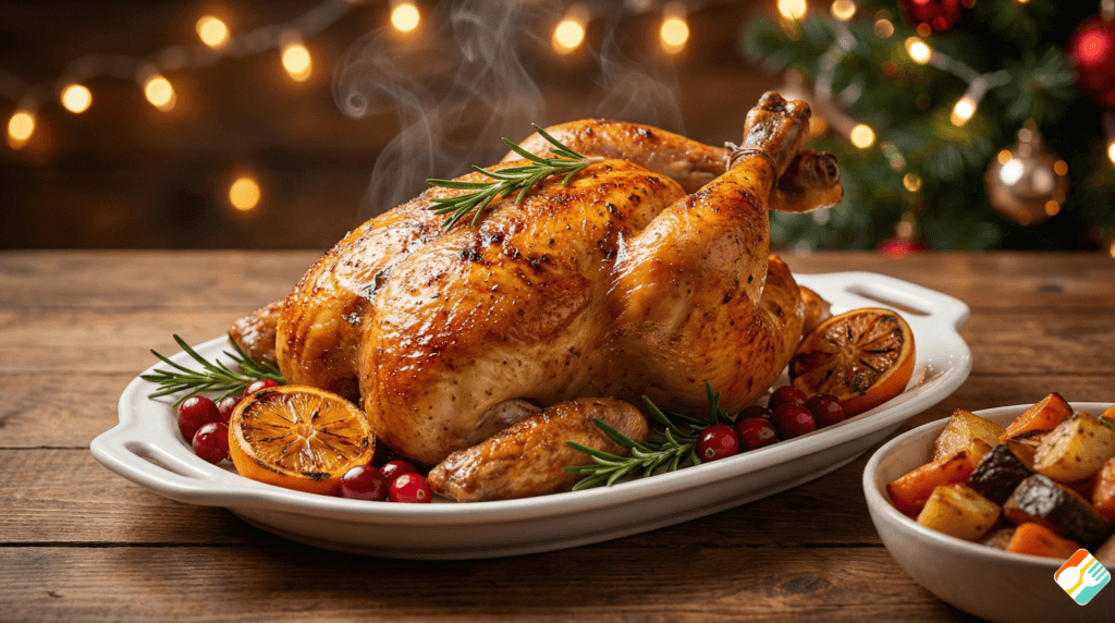 Frango assado dourado servido em travessa branca com decoração de natal ao fundo, exemplo de receitas de ceia de natal simples e barata.