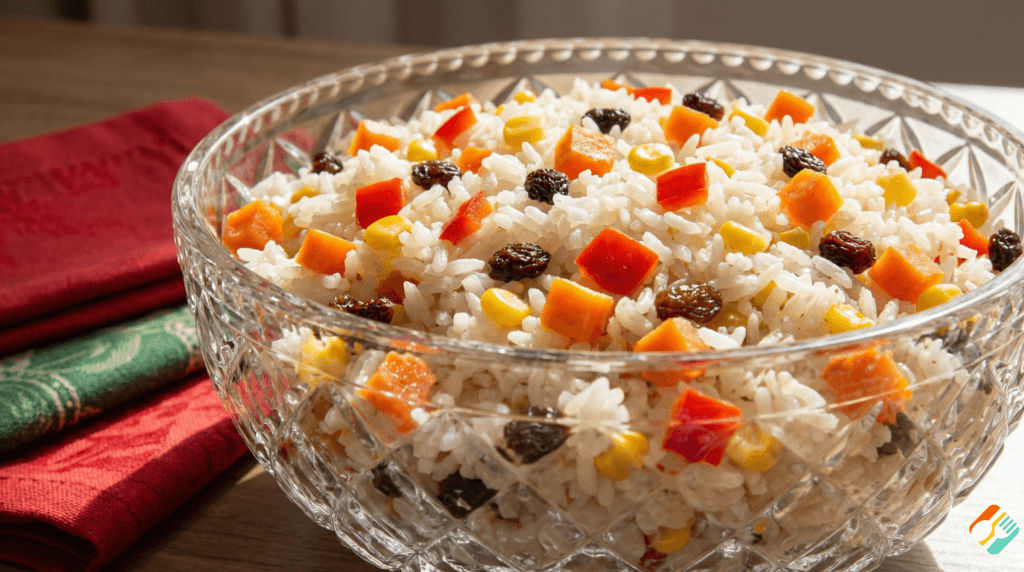 Arroz à grega com legumes e uvas passas servido em tigela de vidro, ideal para receitas de ceia de natal simples e barata.