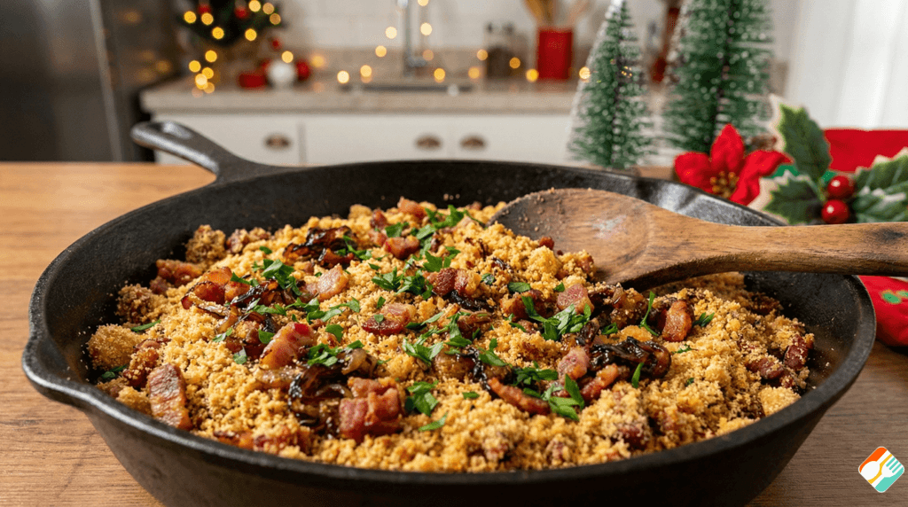 Farofa de natal crocante com bacon e cebola na frigideira, parte essencial das receitas de ceia de natal simples e barata.