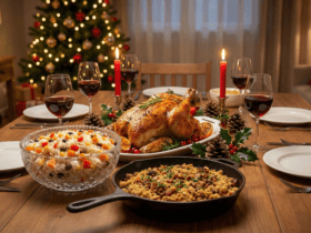 Mesa posta com pratos de receitas de ceia de natal simples e barata, incluindo frango, arroz e farofa.