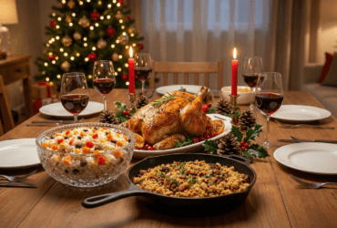 Mesa posta com pratos de receitas de ceia de natal simples e barata, incluindo frango, arroz e farofa.