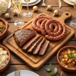 Mesa de churrasco de ano novo com farofa, maionese, vinagrete e pão de alho ao lado de carnes grelhadas.