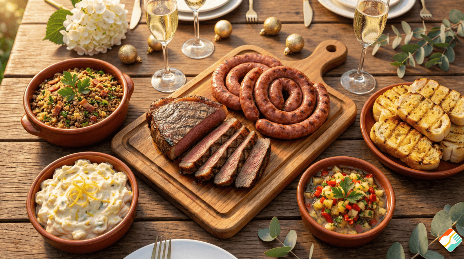 Mesa de churrasco de ano novo com farofa, maionese, vinagrete e pão de alho ao lado de carnes grelhadas.
