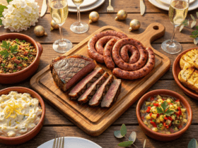 Mesa de churrasco de ano novo com farofa, maionese, vinagrete e pão de alho ao lado de carnes grelhadas.